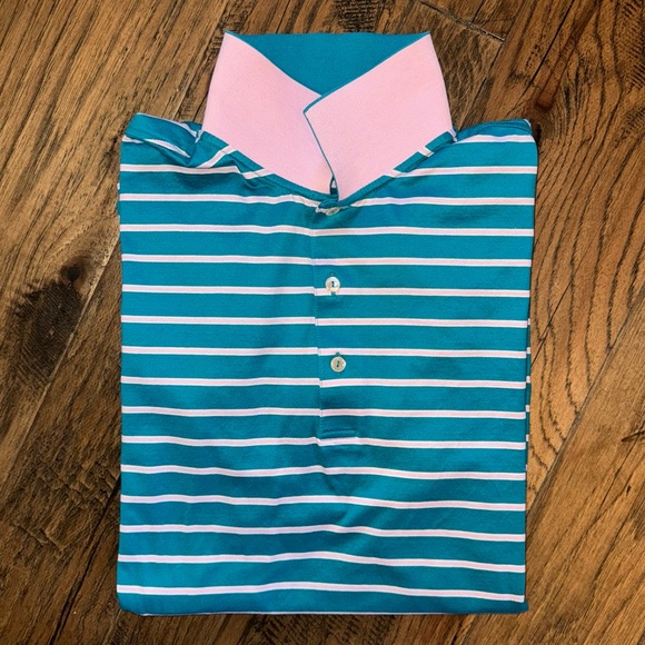 Peter Millar Crown Teal Pink Striped Polo w Contrast Collar - Picture 8 of 11